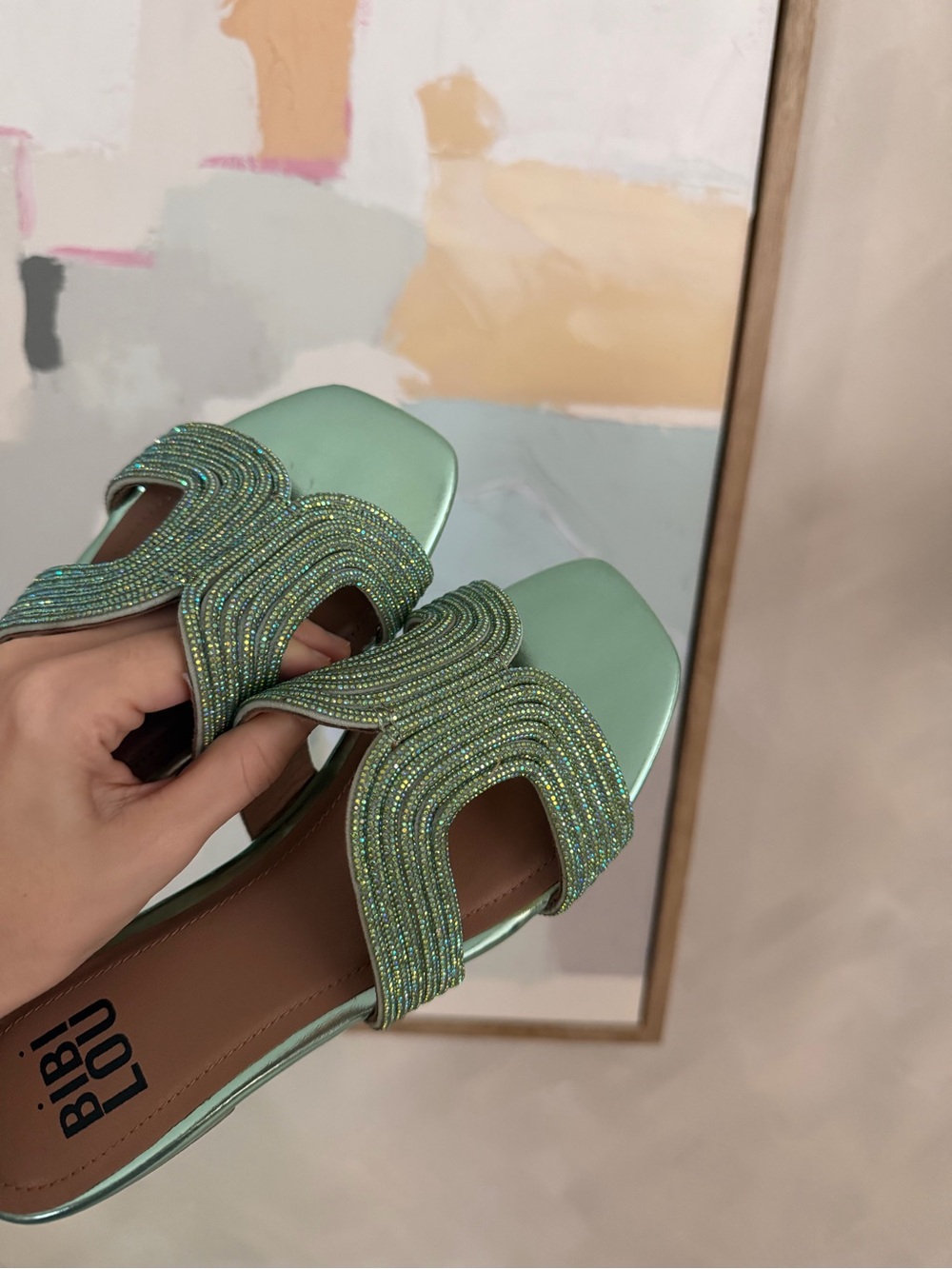 Anthropologie BIBI LOU Mint Green Beaded Slide Heels